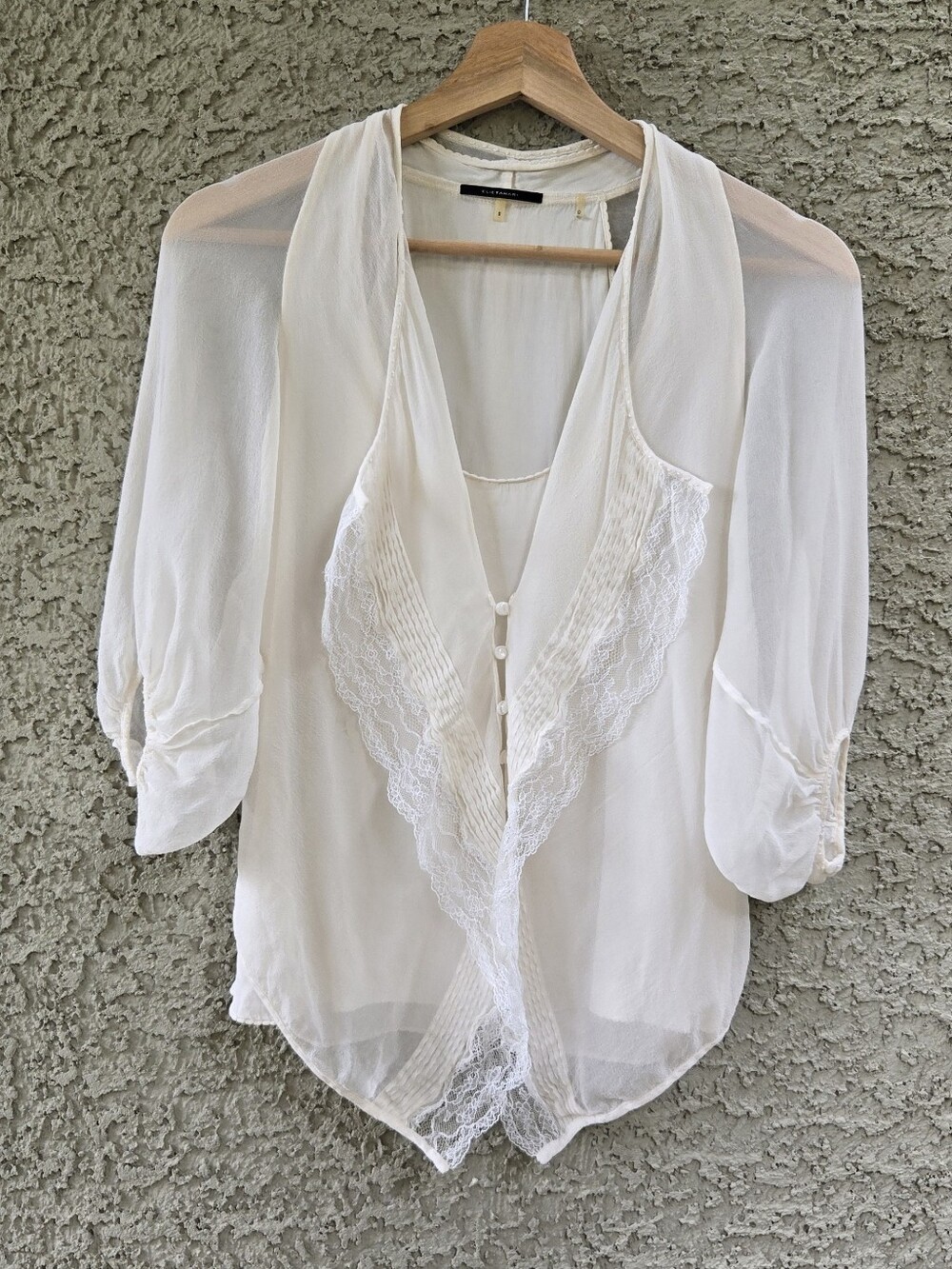 Elie Tahari 100% Silk Sheer Lace-Trim White Women's Blouse